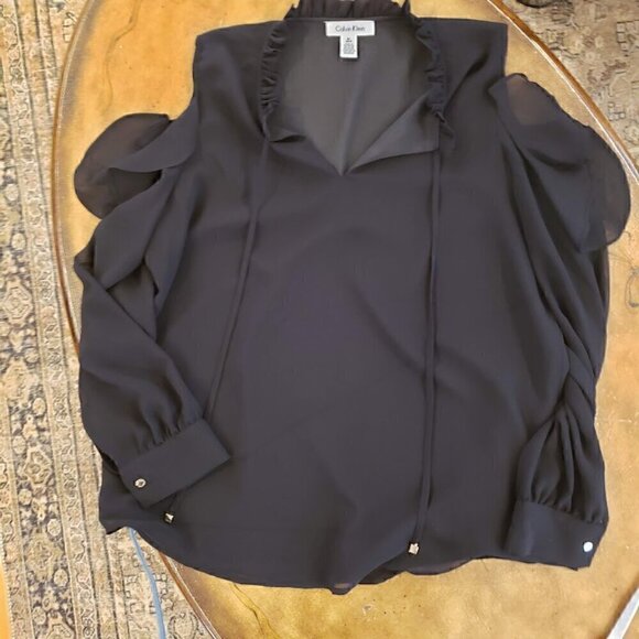 Calvin Klein Long Sleeve Cold Shoulder Blouse with Ruffles and Tie Front - Picture 3 of 12